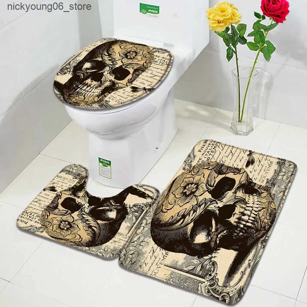Non-Slip Bath Mats Vintage Old Newspaper Bath Mats Set Bathroom Rules French Paris Tower Skull Retro Door Rug Home Decor Anti-Slip Toilet Cover Mat L2