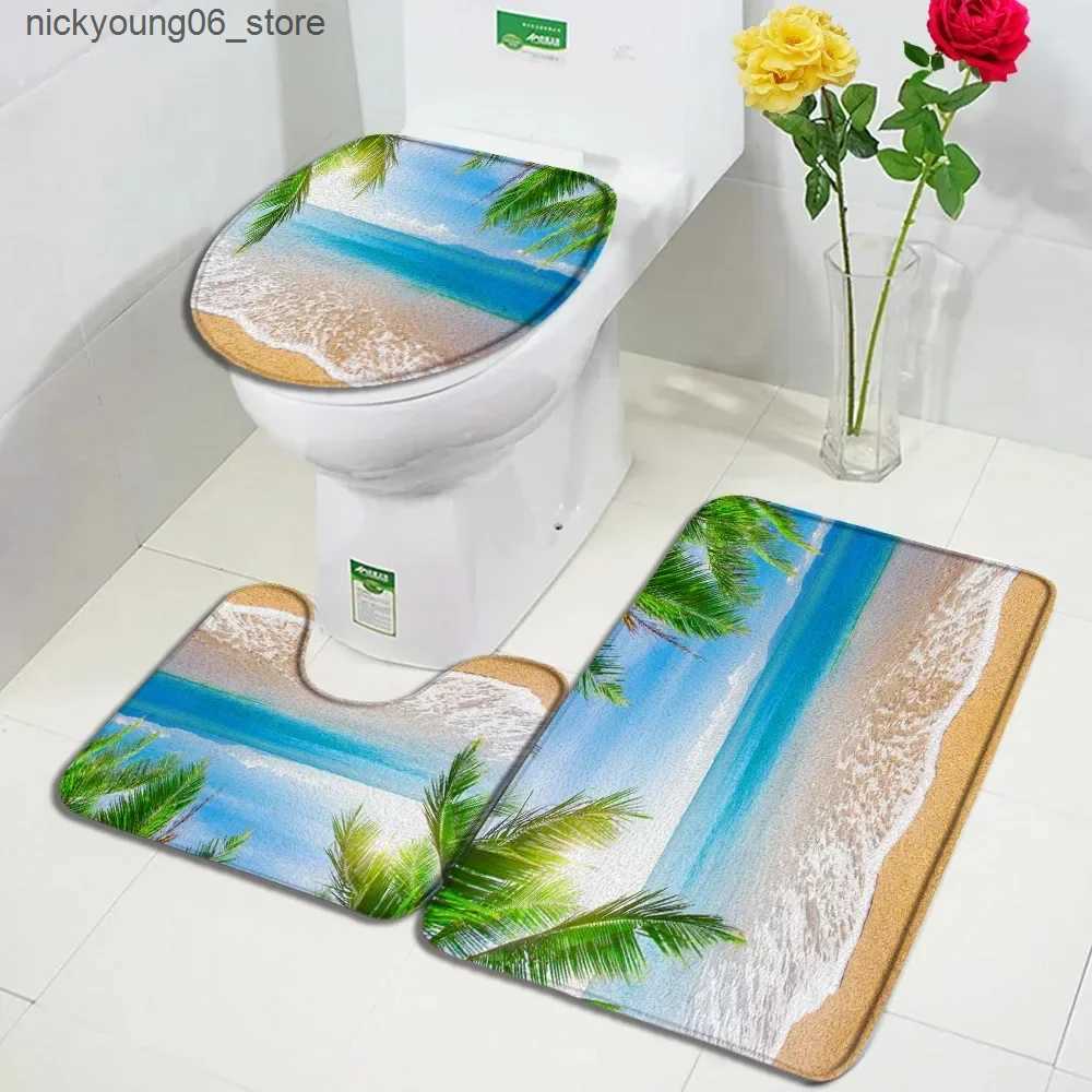 Non-Slip Bath Mats Sea Waves Beach Bath Mat Set Green Palm Leaves Ocean Hawaiian Nature Scenery Bathroom Decor Carpet Non-Slip Rug Toilet Lid Cover L2