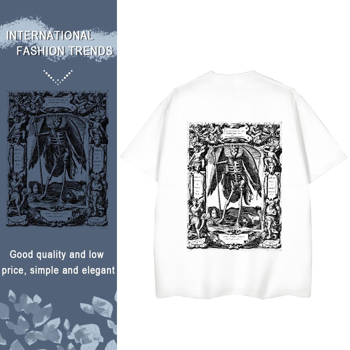 2024 Women T Shirts 100% Cotton 230g O Neck Short Sleeves Street Wear skull Unisex Tshirts Loose fit DIY Anime Printed Top Tees