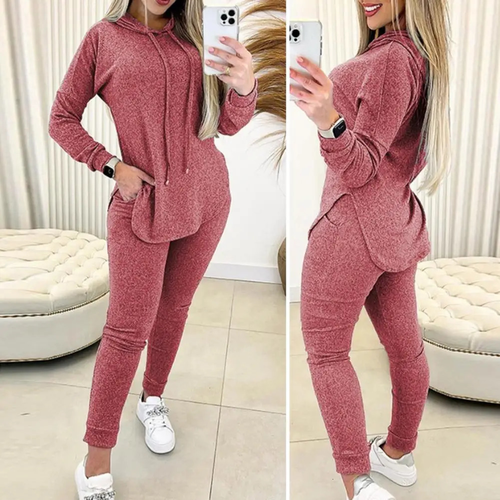 Womens loose fitting set fashionable womens hooded sweatshirt high waisted pants comfortable and casual spring 241007