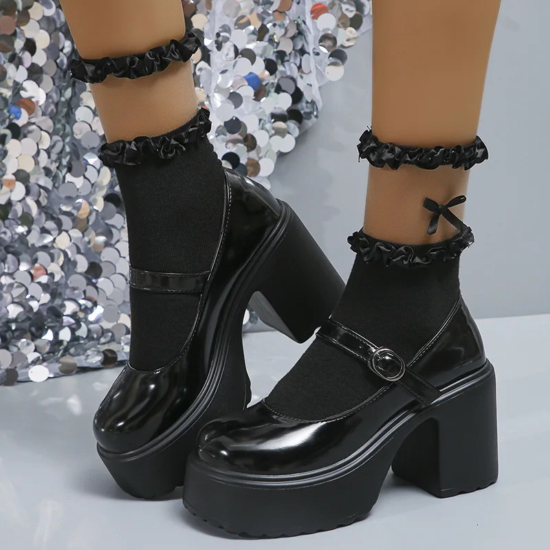 Rimocy Shorty Platform Mary Jane Shoes Womens Patent Leather High Heels Pump Womens Sweet Thick High Heels Party Shoes 241007