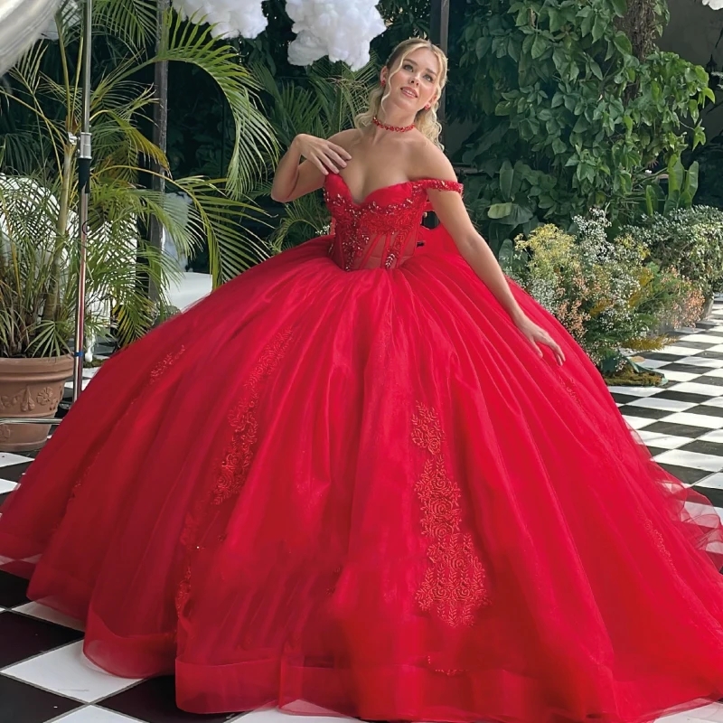 Red Quinceanera Dresses Lace Appliques Beads Tull Mexican Ball Gown Birthday Party Dress Vestidos Butantes 15 anos Sweet 16 Dress