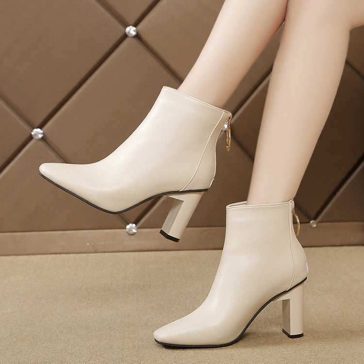 Martin Boots Womens Autumn Winter Leather Fashion Boots Square Head High Heel Nude Boots Fashion Coarse Heel Short Boots 240826