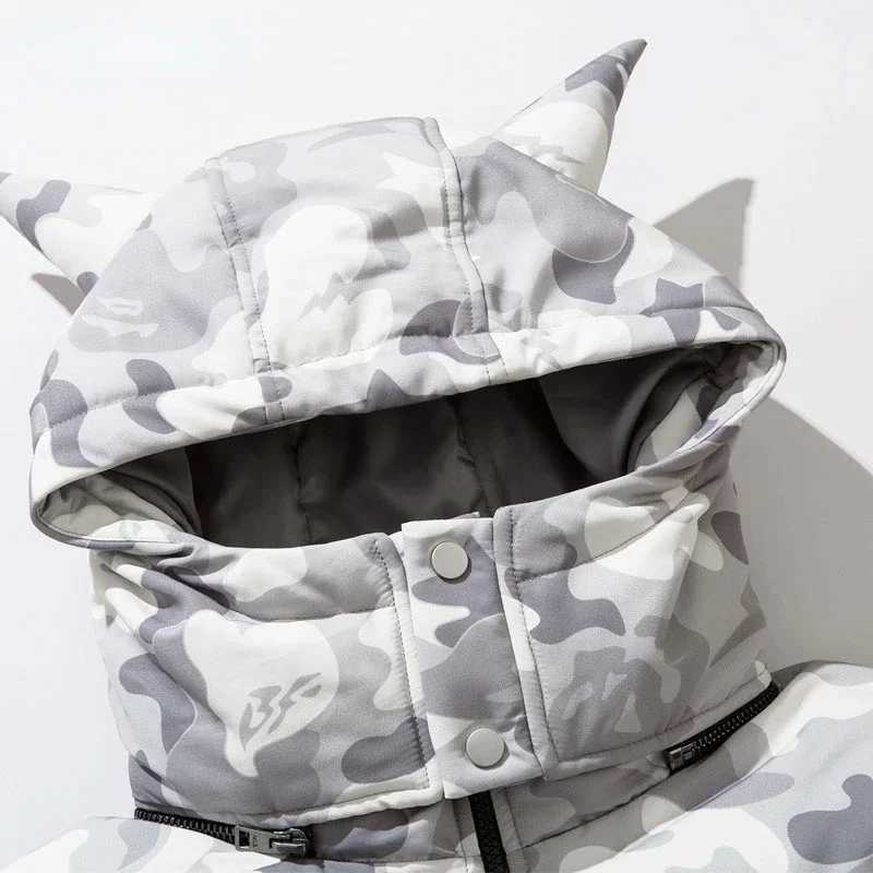 Men's Down Parkas High Strt Detachable Hoodie Devil Horn Warm Parkas Jacket Mens Hip Hop Camo Thick Cushion Coats Harajuku Inflatable Jacket Y241