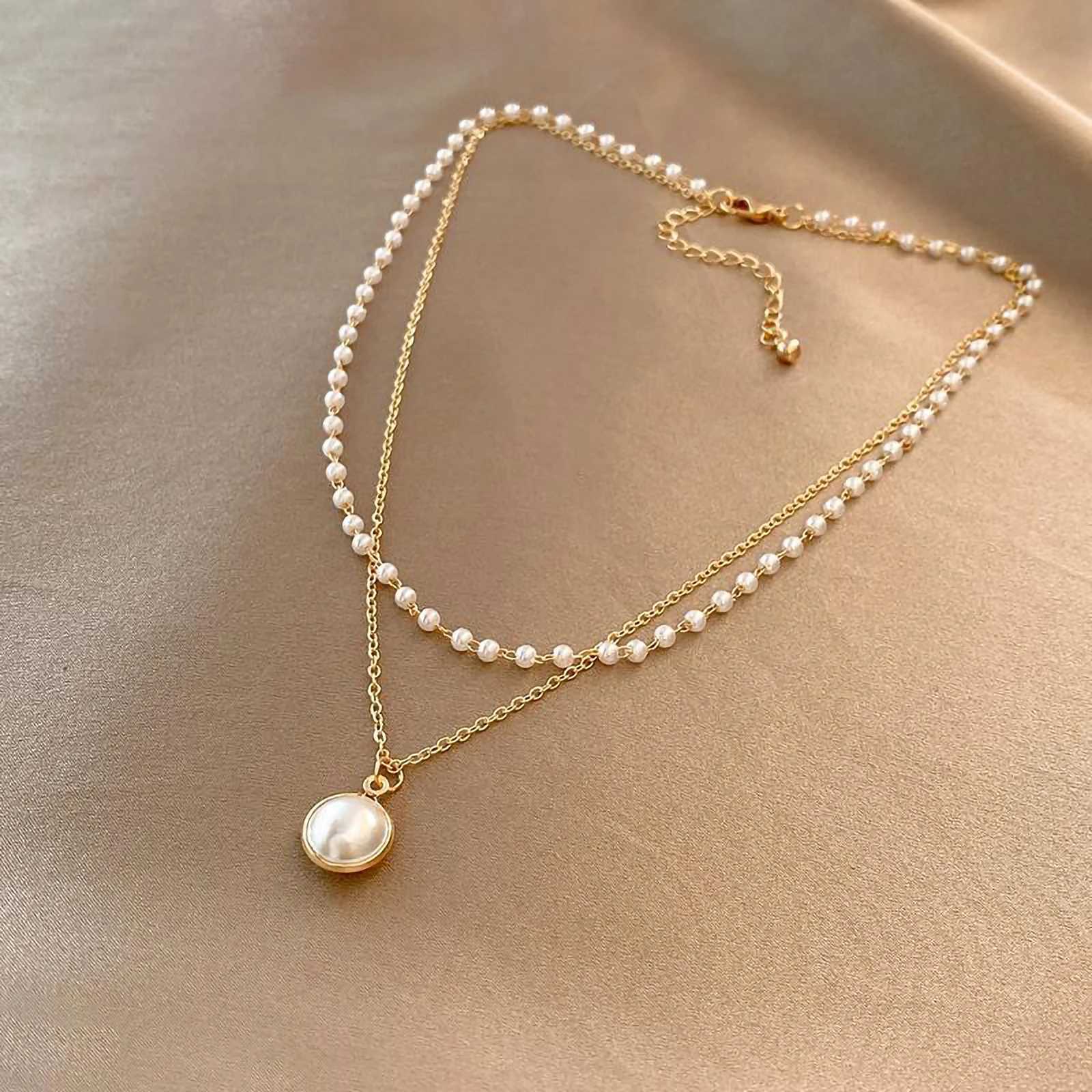1 set of white large pearl multi-layer retro style womens titanium steel plated 18k gold necklaceX241009
