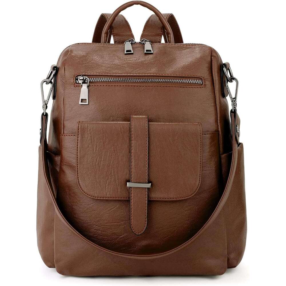 Women Backpack Purse Leather Vegan Convertible Ladies Rucack Front Belt Pocket Shoulder Bag Black