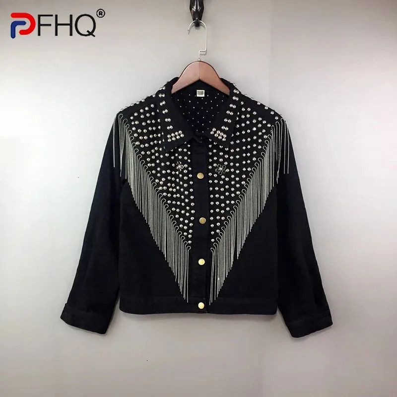 PFHQ Mens Denim Coat Short Heavy Industry Bead Tassel Korean Stage Performance Handsome Delicacy Jackets Spring 21Z3714 241010
