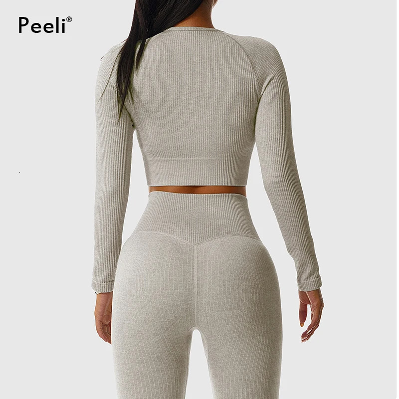 Seamless Yoga Suit Sports Set Gym Clothes Fitness Women Long Sleeve Crop Top High Waist Leggings Ribbed Workout Set Tracksuits 241010