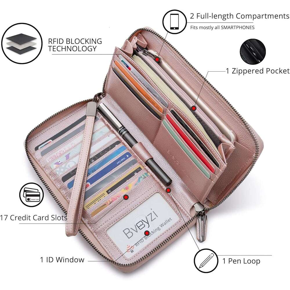 Women RFID Blocking Wallet Leather Zip Around Phone Clutch Large Capacity Ladies Travel Purse Wristlet