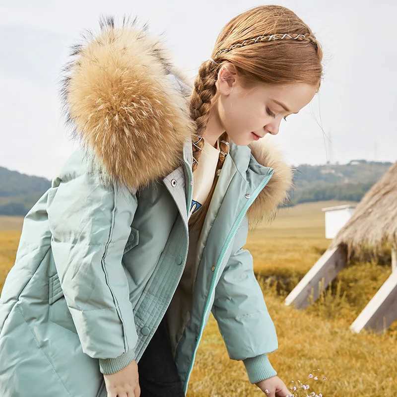 Down Coat Winter New Girl Down Jacket Real Raccoon Fur Childrens Snow Coat Thick Warm Set Youth Black Long Park XMP198 H241010