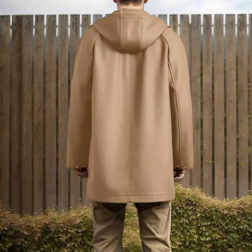 Mid-length Woolen Outwear Stylish Mens Hooded Woolen Coat with Pockets Raglan Sleeve Outwear for Winter Single Breasted LX241010