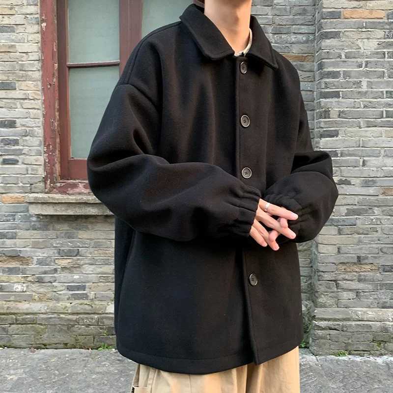Winter Black Woolen Coats Men Vintage Single Breasted Loose Korean Fashion Wool Blends Rib Sleeve Harajuku Outerwear LX241010