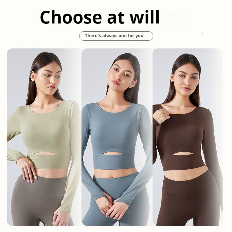 New nude yoga suit long sleeved with chest cushion elastic tight running and fitness top S2032