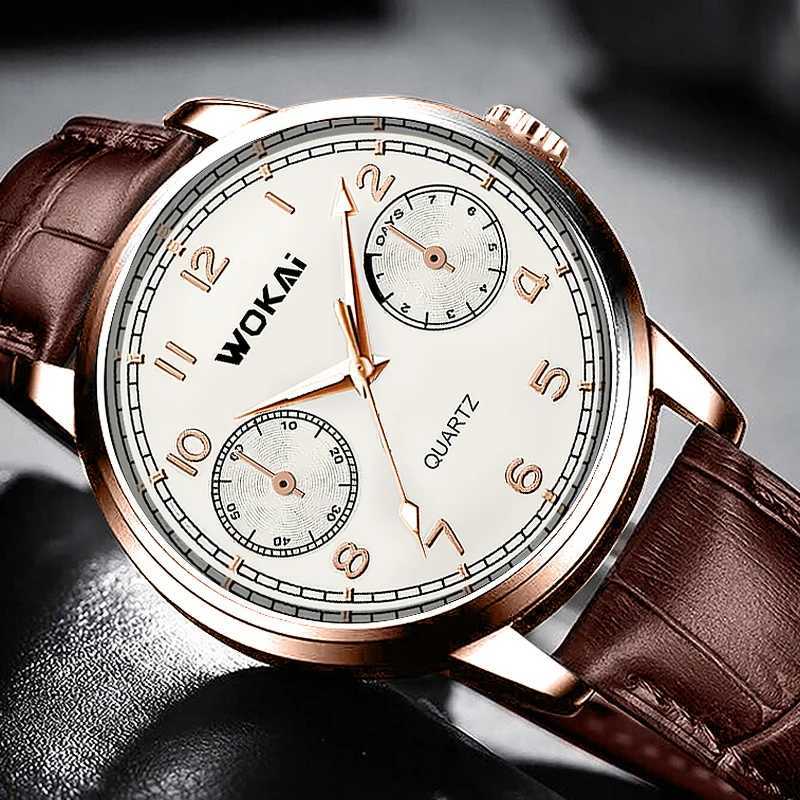 WOKAI fashion casual high quality belt mens Double Circle quartz Watch Student boys Business Sports digital minimalist retroX241010