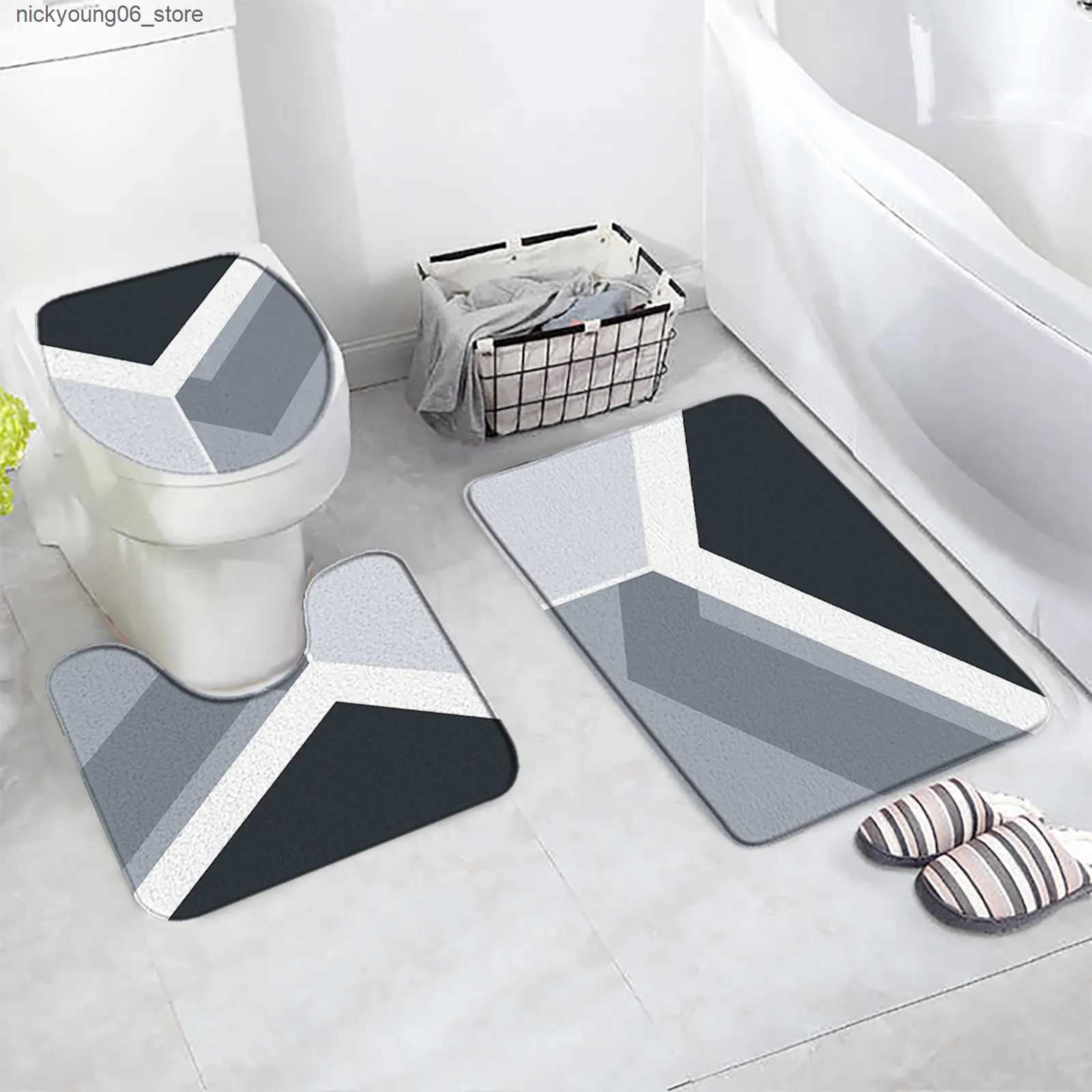 Non-Slip Bath Mats Black White Buffalo Plaid Bath Mats Sets Gray Square Creative Geometric Bathroom Decor Carpet Door Rugs Non-slip Toilet Lid Mat L24