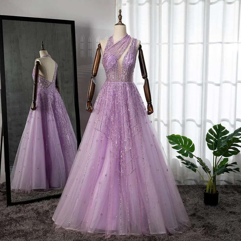 SERENE HILL Beaded Dubai Lilac Evening Dresses for Women Wedding Party 2024 Elegant Arabic Prom Formal Gowns CLA71778