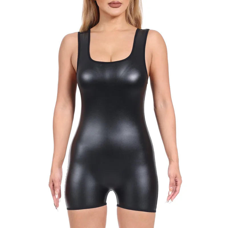 One piece womens bodysuit shapewear sexy leather shorts sleeveless vest top jumpsuit party club 241007