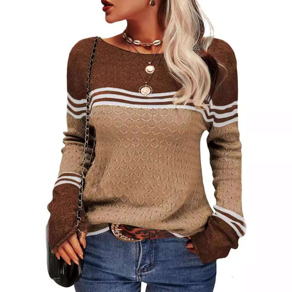 2024 autumn and winter new fashionable crochet long sleeved top with striped color blocking round neck knitted sweater for women