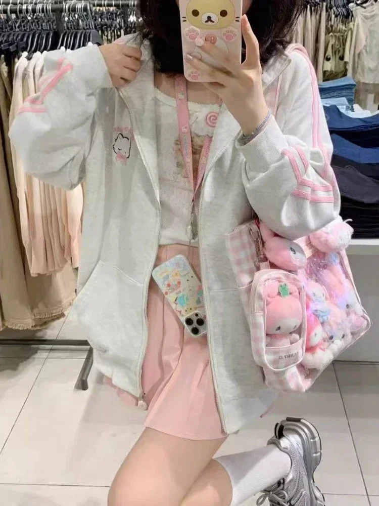 HOUZHOU Japanese Fashion Kawaii Zipper Hoodie Womens Harajuku Cute Pink Cat Embroidery Super Large Sweater Winter 241010