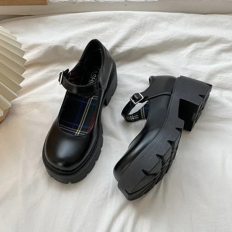 Platform Heels Mary Jane Shoes Simple Lolita Black Platform Heeled Shoes Student College Sweet Medium Heel Womens Single Shoes 241007