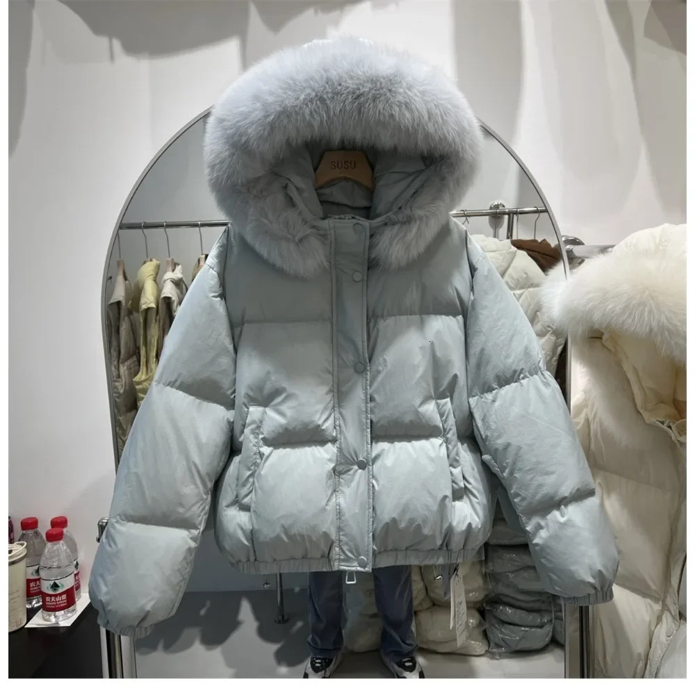 Real big fur collar hooded fur coat inflatable jacket fashionable white duck down jacket womens winter womens loose coat 241007