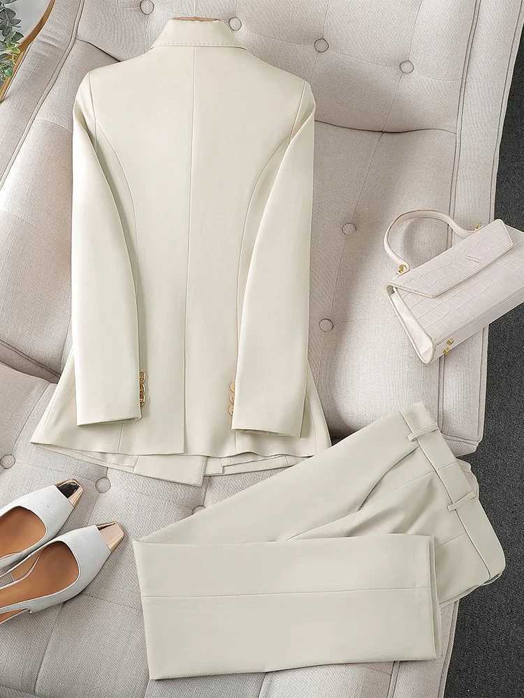 High quality office womens long pants set solid color womens workwear jacket and Trouser womens 2-piece set W241009