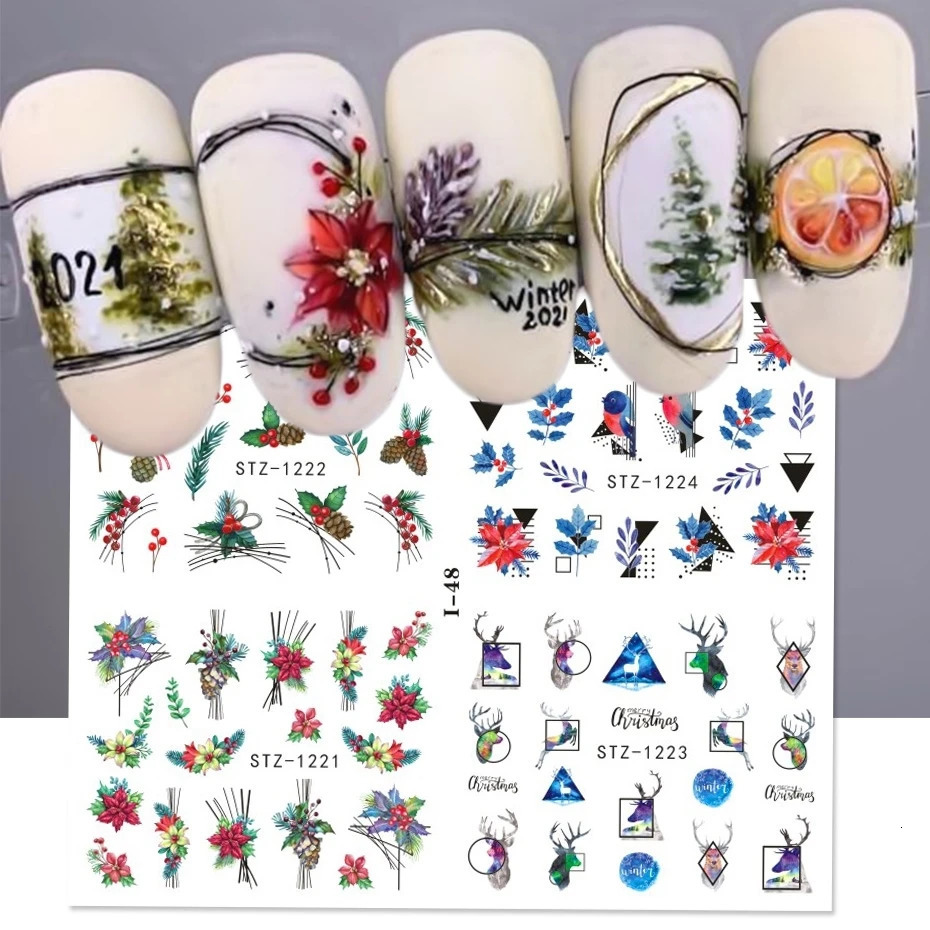 4-in-1 Christmas Flower Nail Stickers Snowflake Cartoon Birds Christmas s Elk Winter Stickers Sliders Year Decoration Handicrafts SAI44-49 241008