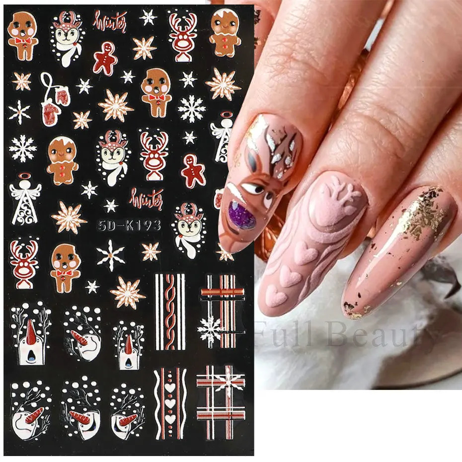 5D Merry Christmas Nail Stickers Cute Snowman Elk Embossed Snowflake Sweater Slide Year Decoration LA5D-K193 241008