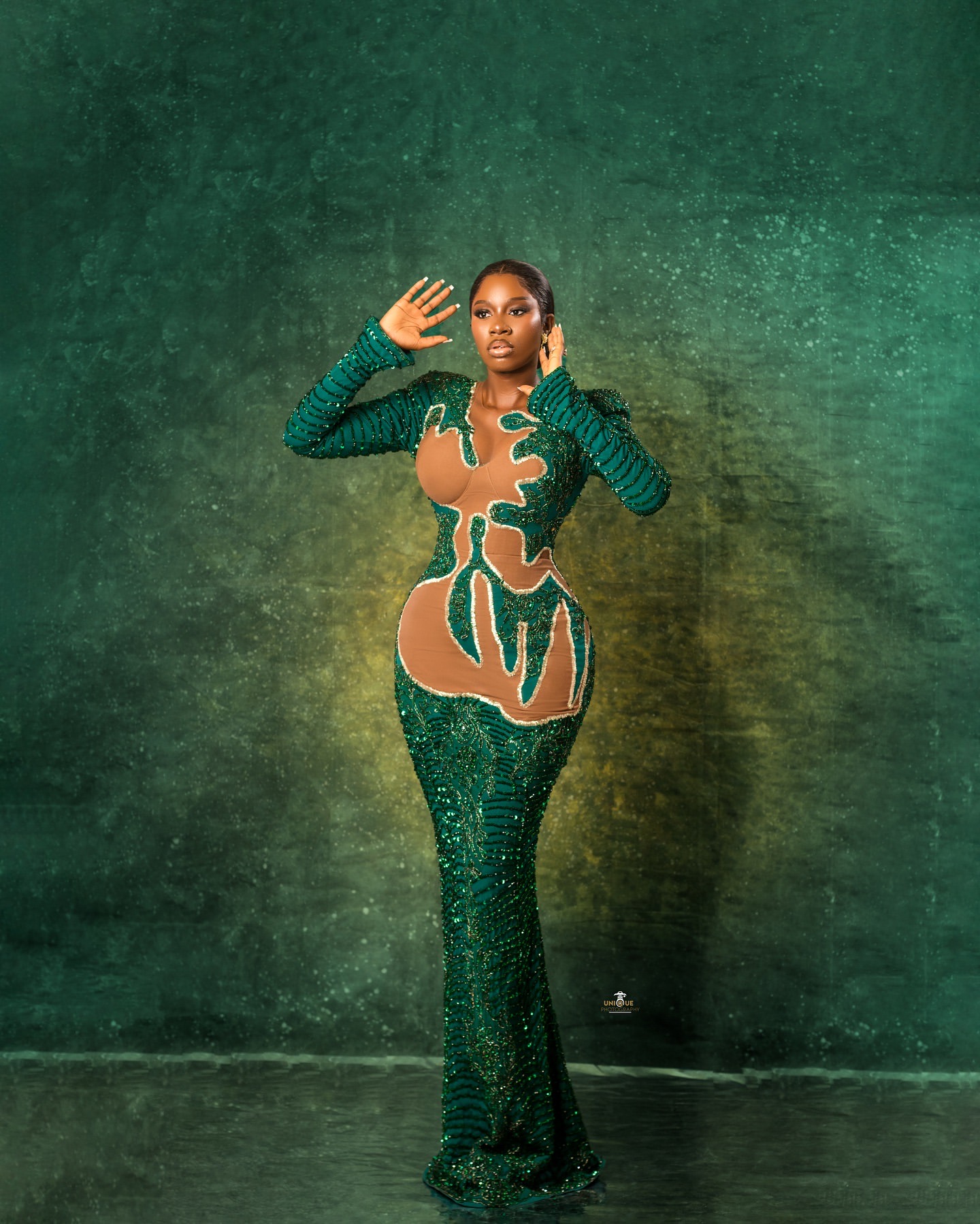 Aso Ebi 2024 Green Illusion Mermaid Prom Dresses Beaded Sequined Full Sleeves Evening Formal Party Second Reception Birthday Gowns Dress For Special O