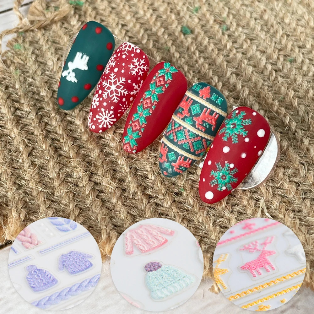 Christmas Cute Sweater High Quality 5D Acrylic Carving Nail Stickers Sweater Snowflake Flower Pattern Nail Water Stickers Winter 241008