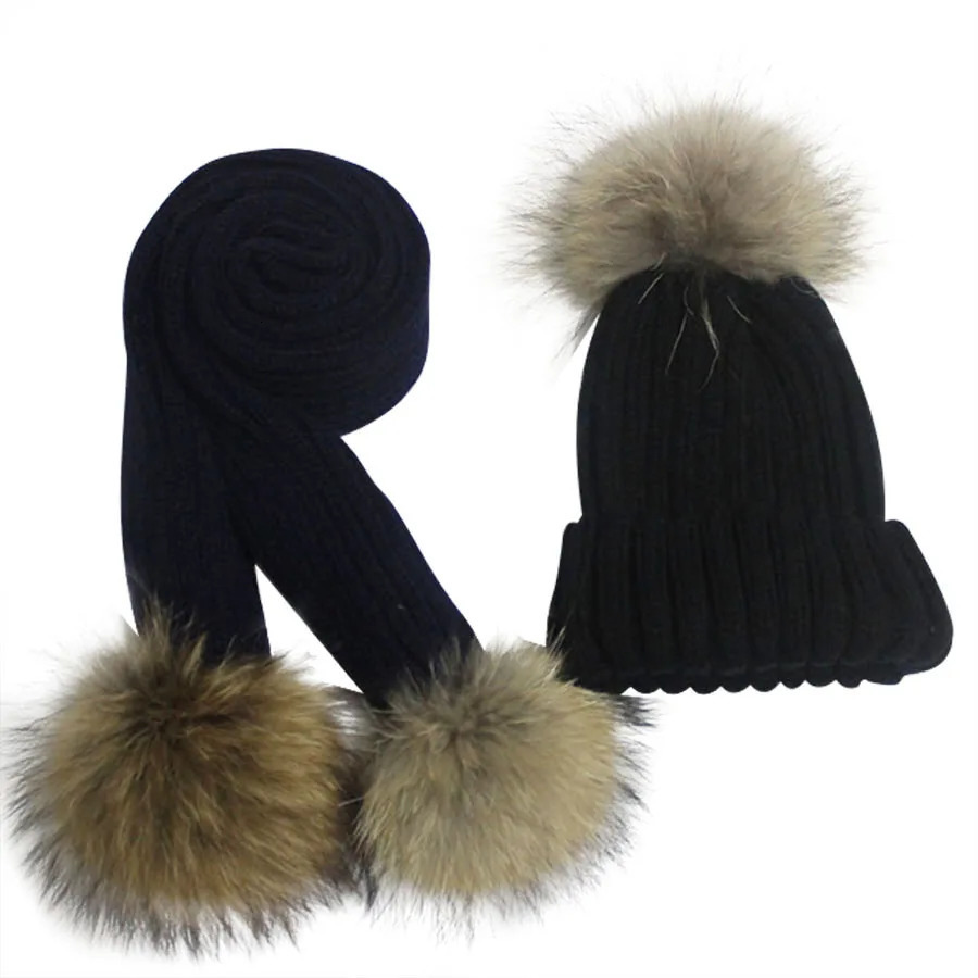 Arrive Winter Kids Hat Scarf Natural Real Raccoon Fur Pompom 3pcs Pom pom Beanies Children Warm Scarf Hats 1-8 Years Old 241008