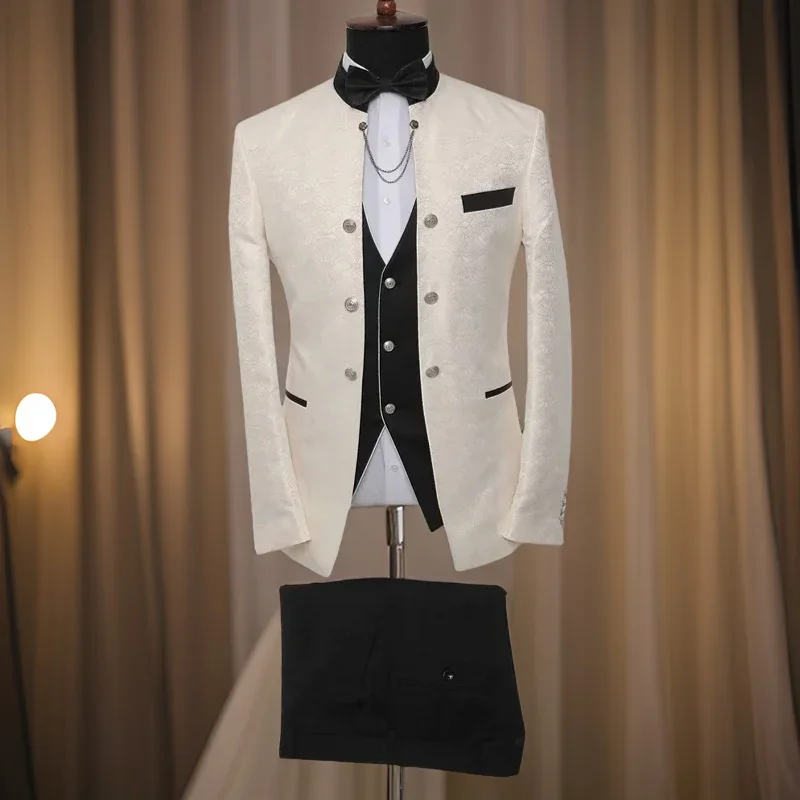 Floral Suits for Men with Stand Collar Double Breasted Formal Wedding Tuxedo Custom Fashion Costume 2024 (Jacket + Vest + Pants)