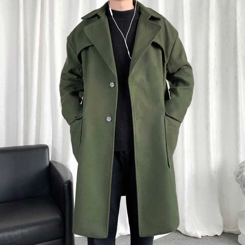 Mens Hooded Long Woolen Coats Oversized Solid Color Winter Windbreaker Korean Style Casual Outwear LX241010