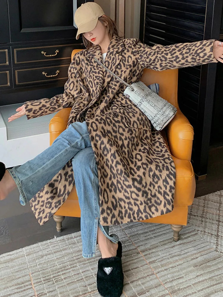 LanMREM Winter Leopard Wool Coat Womens Long Double Chest Fashion Street Clothing Clothing 2R7804 241007