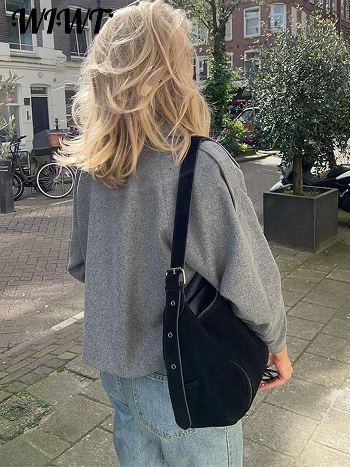 Casual single chest wool coat womens loose collared long sleeved short sleeved coat autumn and winter elegant gray coat 241007