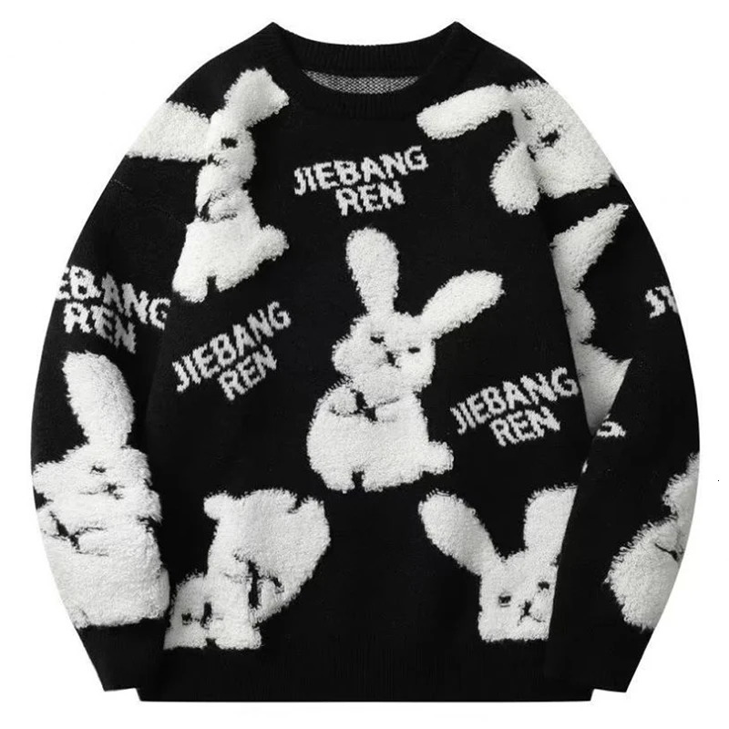 Retro loose red knitted sweater for men cartoon rabbit Shin Harajuku knitted latte winter jumping hip-hop couple excessive jumping 241007