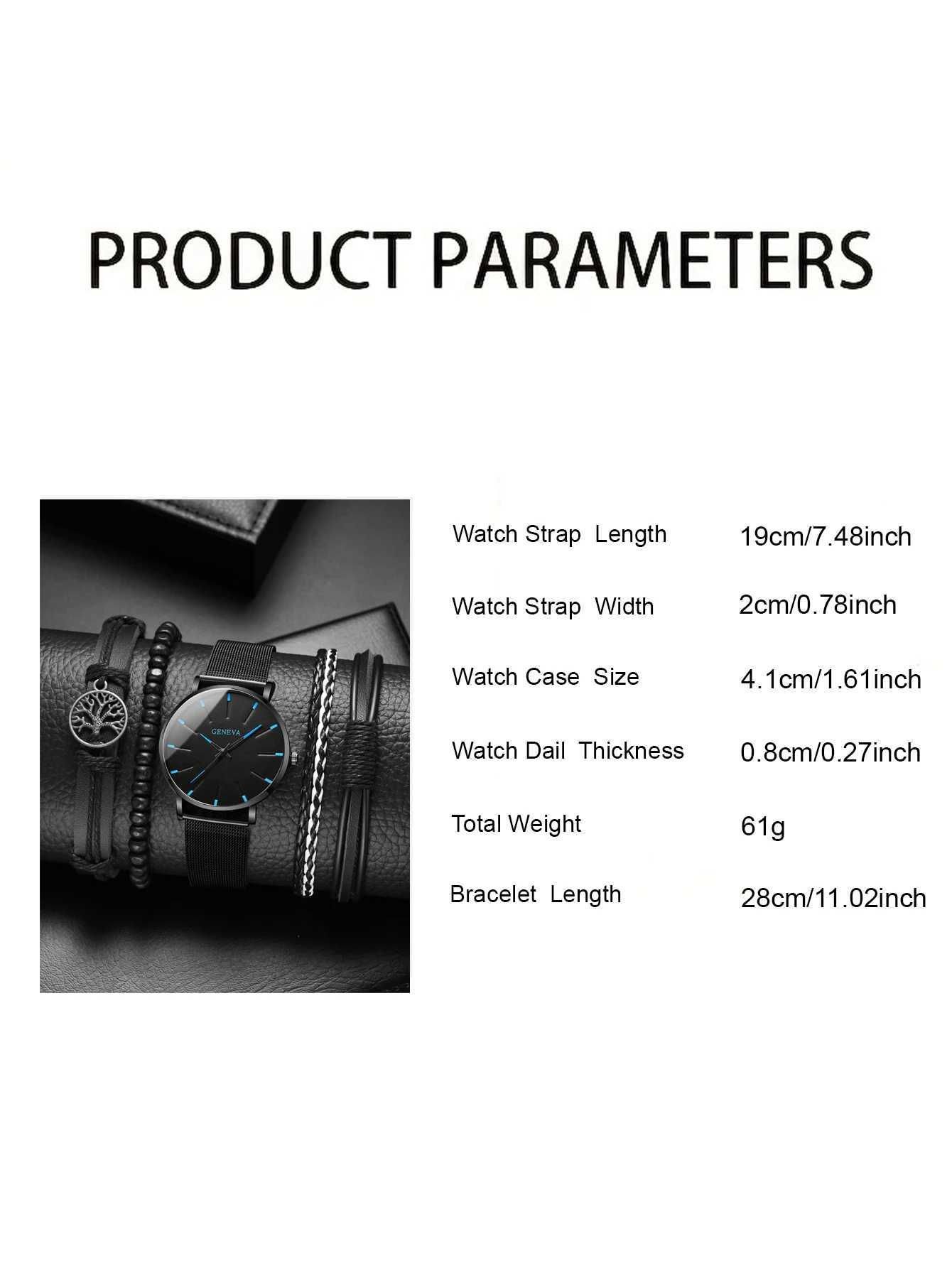 5PCS Set Mens Fashion Ultra Thin Watches Men Business Casual Quartz Wrist Watch Luxury Black Stainless Steel Mesh Belt WatchX241010