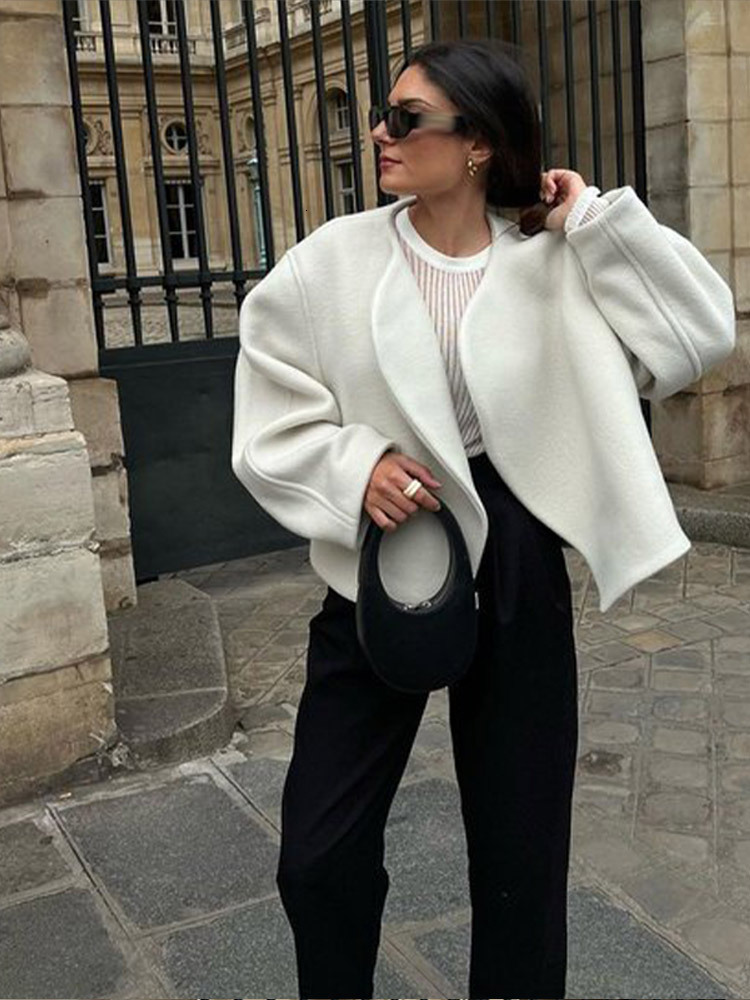 Casual Faux Fur Short Jackets Women Elegant Loose Round Neck Solid Street Cardigan 2024 Autumn Long Sleeves Outwears Lady