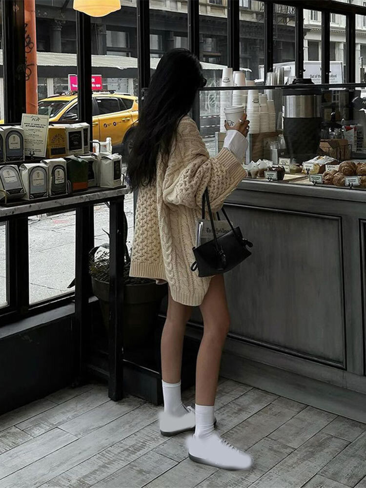 Women Overtised Loose Solid Long Sleeve Knit Cardigan Elegant O Neck Short Sweaters 2024 Autumn Lady High Streetwear
