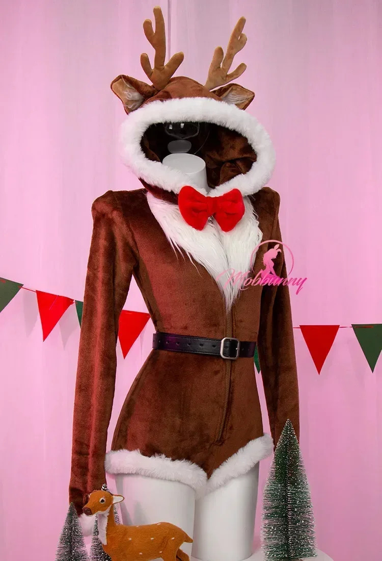 Mobbunny Womens Christmas reindeer fluffy tight jumpsuit sexy lingerie with socks home wear roleplaying 241007