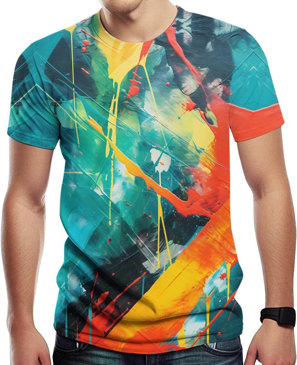 Mens T shirt Colorful T-Shirts for Men 3D Printed Neon Abstract Tee Short Sleeve Crewneck T graphic tee Casual tops summer clothes Short sleeve cool