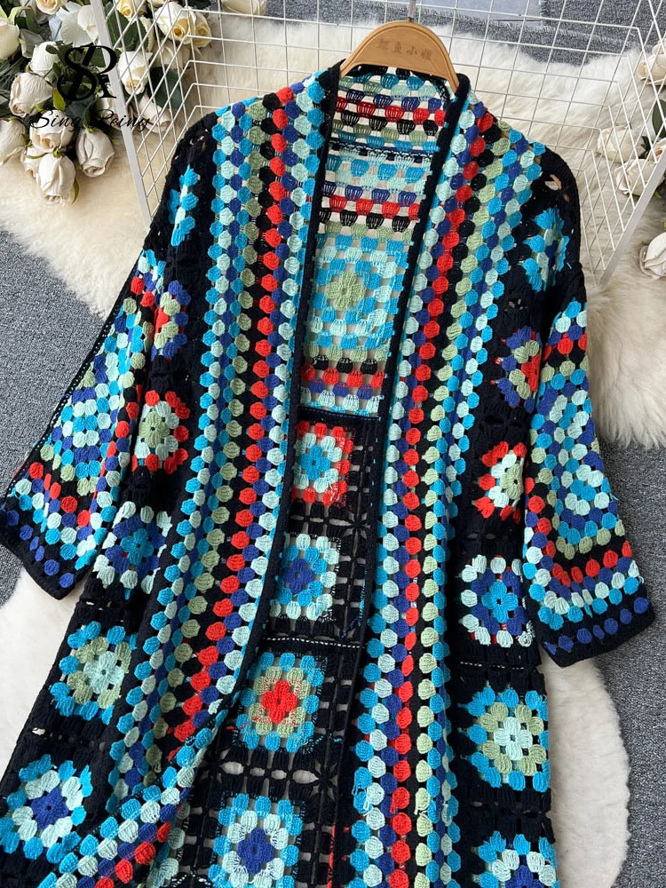SINGREENY Summer Holiday Beach Long Cardigan Spring Fashion Retro Flower Knitted Cardigan Street Loose Hollow Jacket 241010