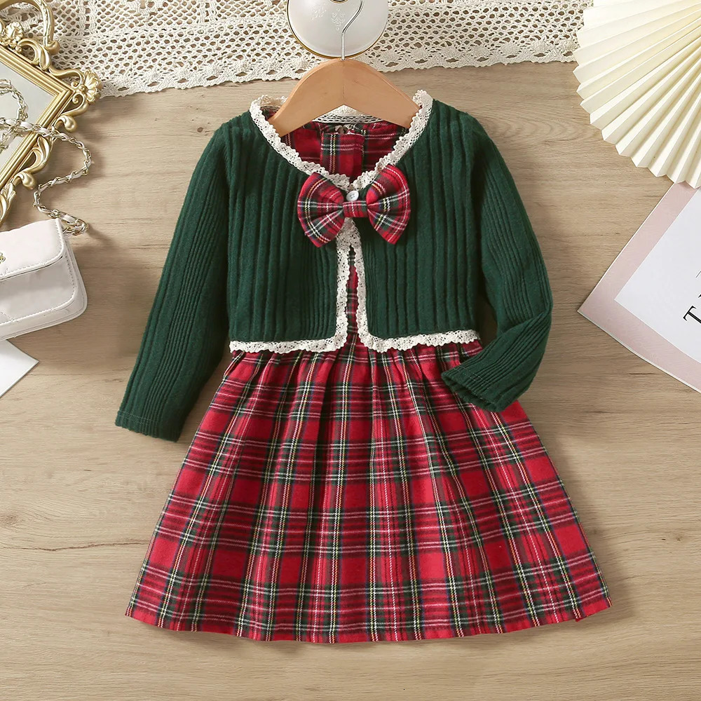 Childrens plaid girl Christmas dress autumn winter childrens long sleeved casual lace knitted cardigan top childrens clothing 241008