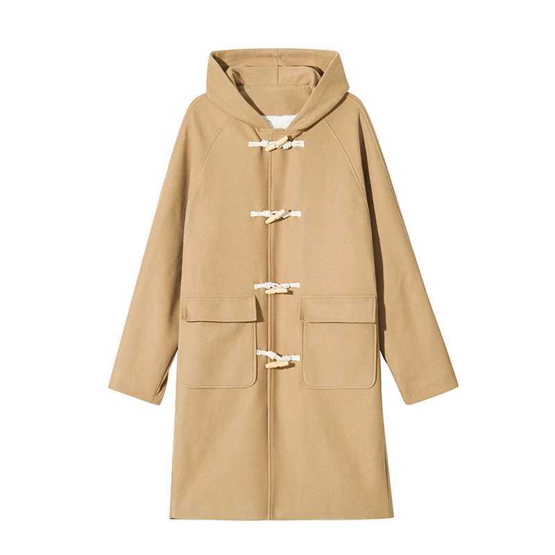 New Cow Horn Button Lamb Fleece Hooded Mens Coat Loose Streetwear Unisex Couple Long Advanced British Style Casual Overcoat LX241010