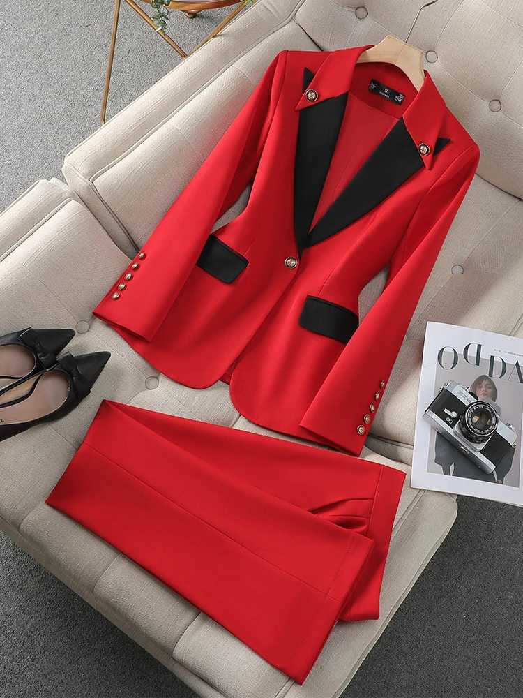 Fashion Red Black Rice Womens Underwear Set 2-piece Office Womens Business Work Clothes Formal Jacket and Trouser W241009
