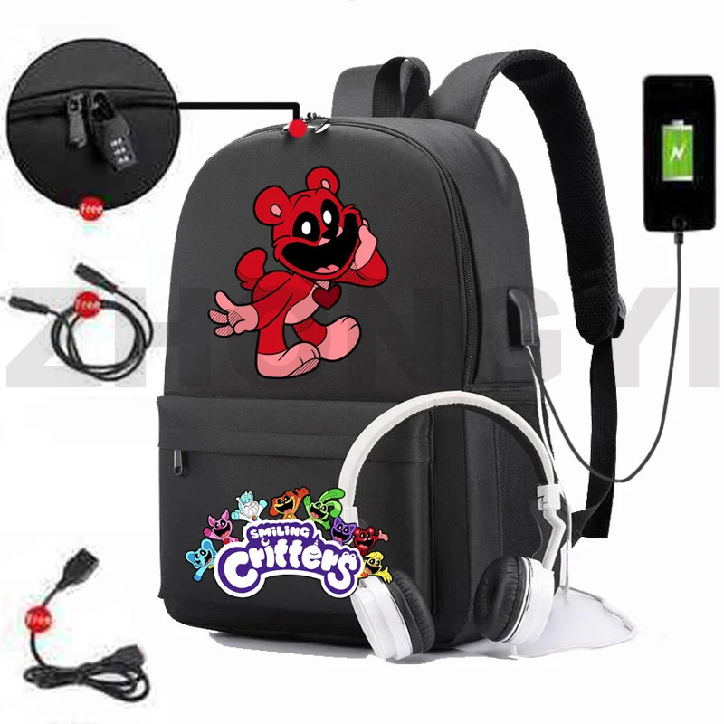 Anti-theft Smiling Critters Waterproof Backpack Men Travel Sport Bags Kids Cartoon Cute Schoolbags USB Charging Nylon Bookbag 241008