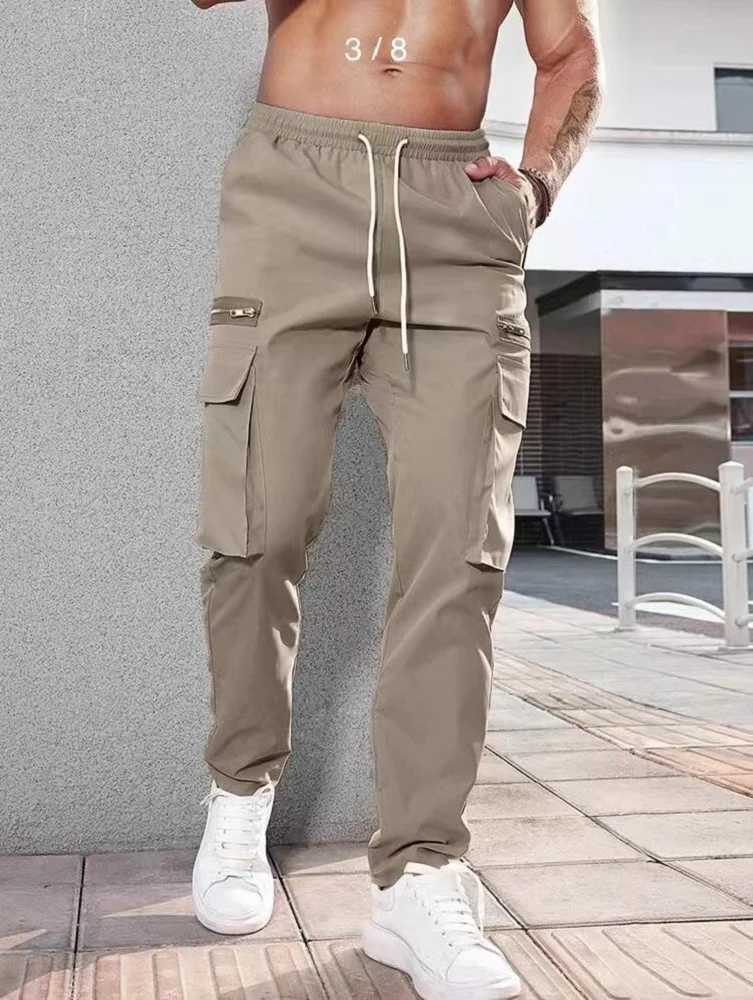 Jogger casual sports zipper decorative cargo pants with waist drawstring mens plus size woven solid color zipper cargo pants W241009