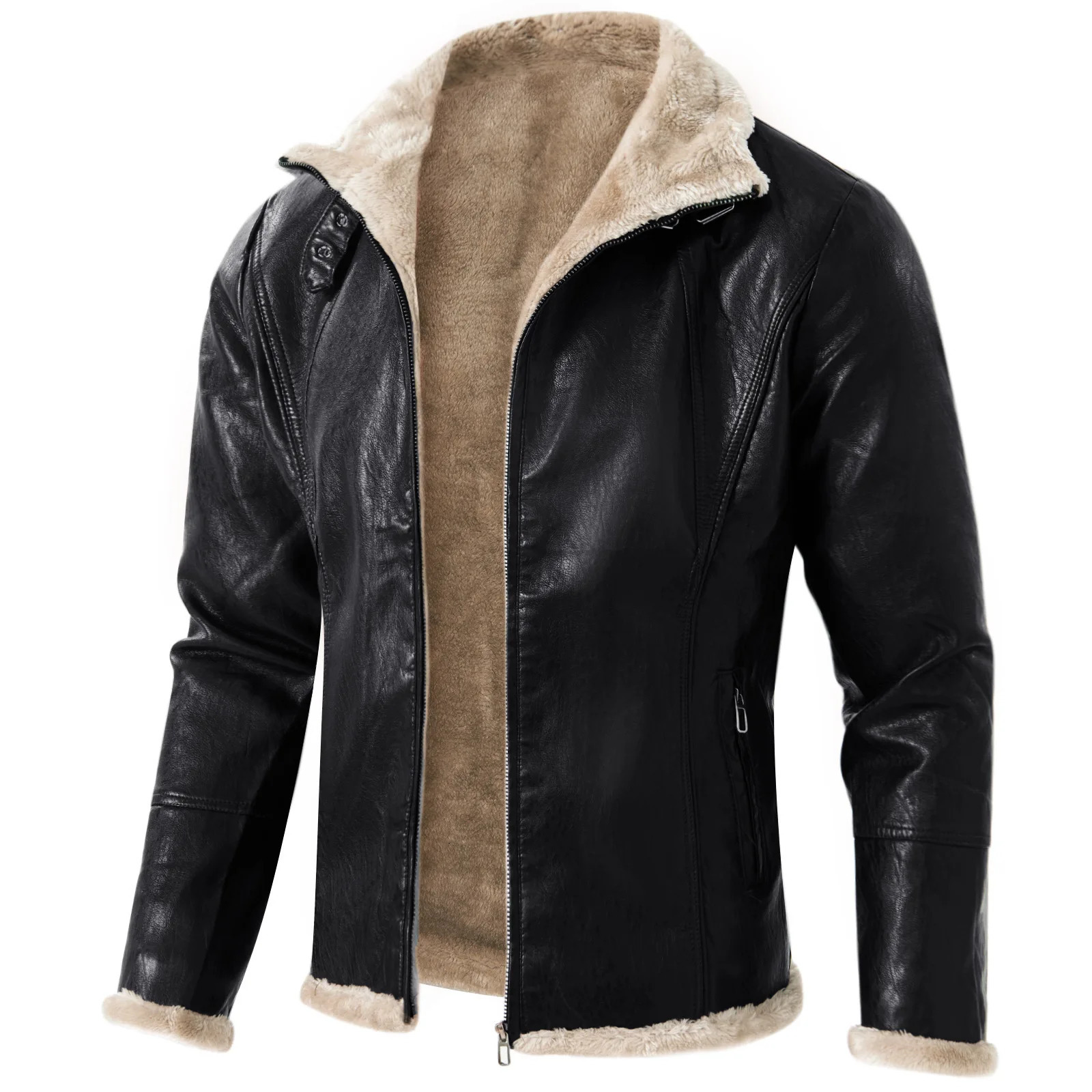 Autumn/Winter PU Leather Mens Solid Coat Leather Integrated Jacket Thick Collar Coat 240930
