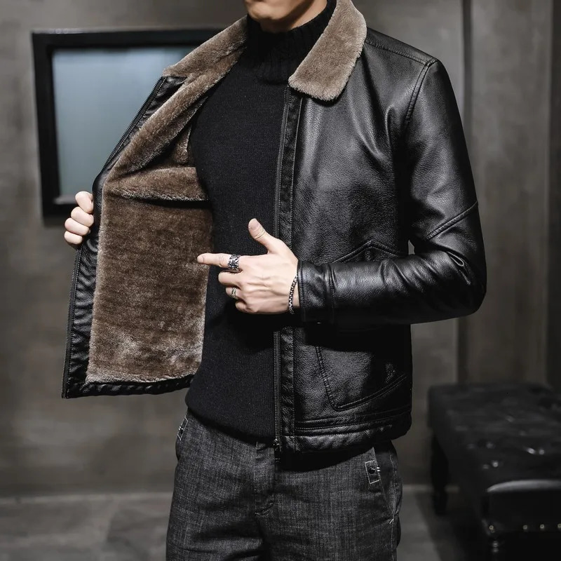 Winter leather jacket mens fashionable lapel plush thick fur casual mens leather jacket fashionable jacket 241010