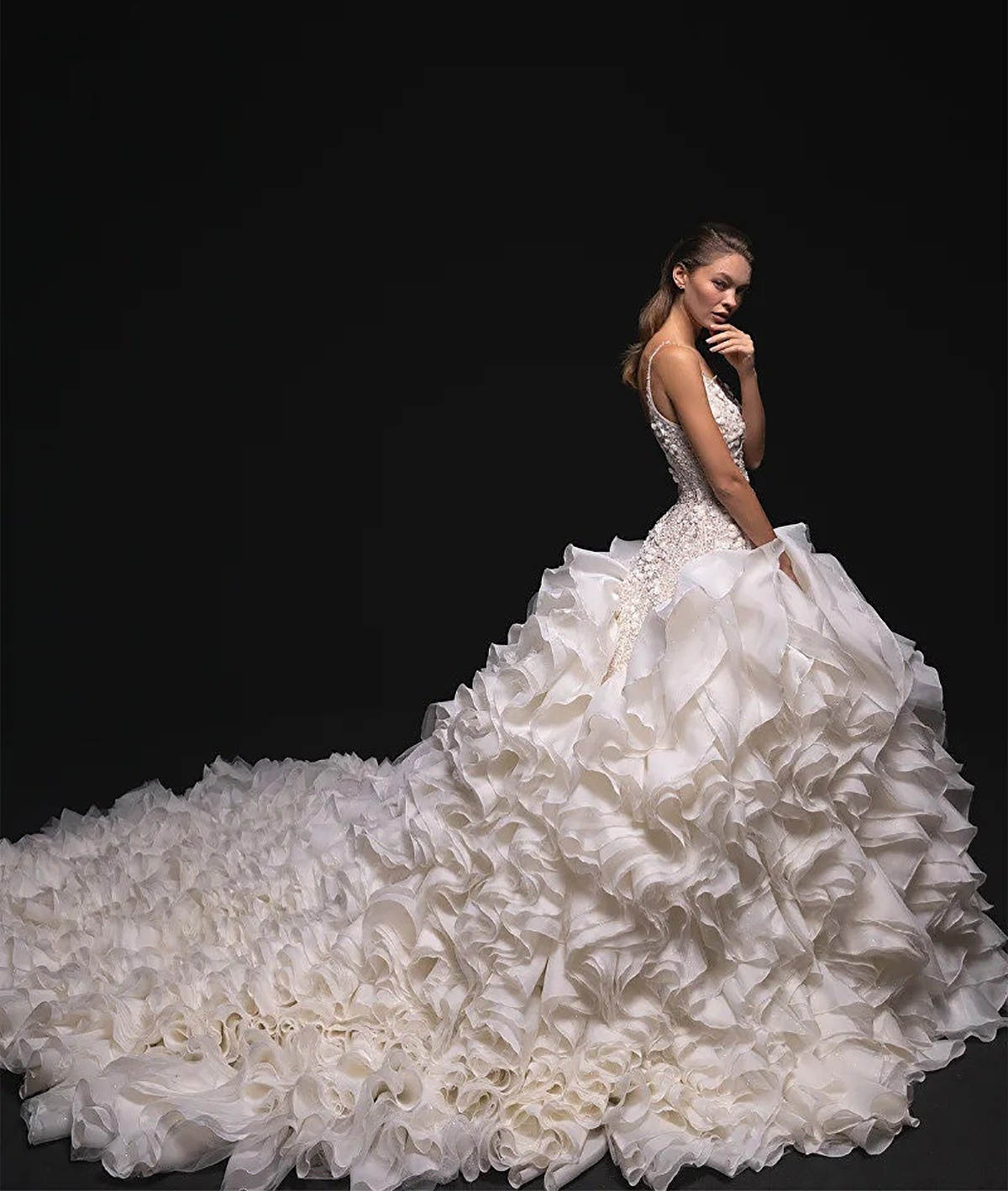 Cascading Ruffles Mermaid Wedding Dress Sexy Spaghetti Straps Tiered Ruffle Bride Dress 3D Flowers Bridal Gowns